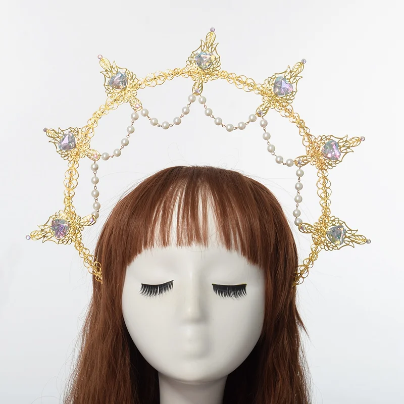 Vintage Halo Crown Headpiece Virgin Mary Bead Chain Baroque Tiara Headband