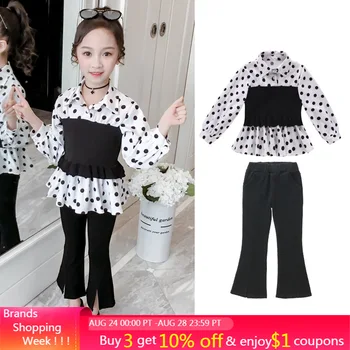 

Menoea 2020 Kids Girls Summer Suits Teenager Girl Casual Autumn Sets Polka Dot Print Blouses Boot Cut Cotton Pants 2PCS Clothes