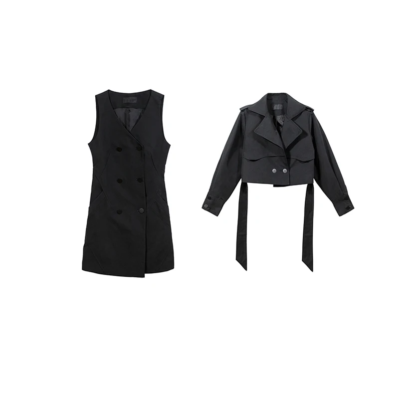 Комплект из двух предметов, длинный рукав, отложной пуховик с жилетом без рукавов, мини-платье, Женская Осенняя корейская мода - Цвет: Black