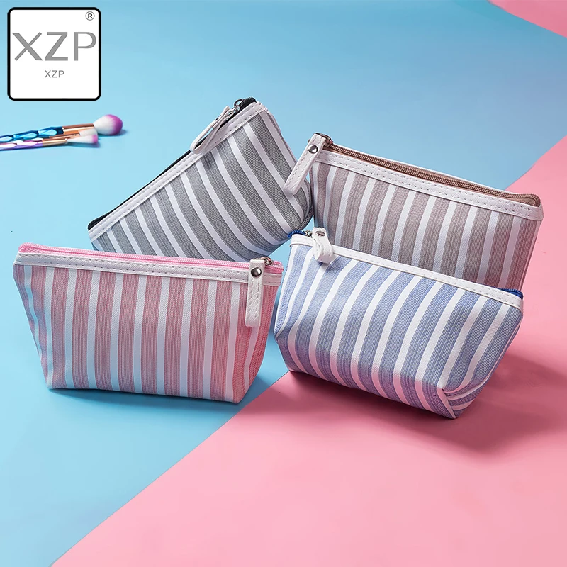 

XZP Canvas Cosmetic Bag Women Make up Bags Striped Printed Travel Toiletry Organizer Portable Pouch Makeup Case Wash Bag