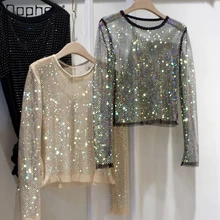 

2021 New Spring Women's Round Collar Sexy Hollow Out Shiny Bottom Shirt Ladies Slim Rhinestone Top T-shirts