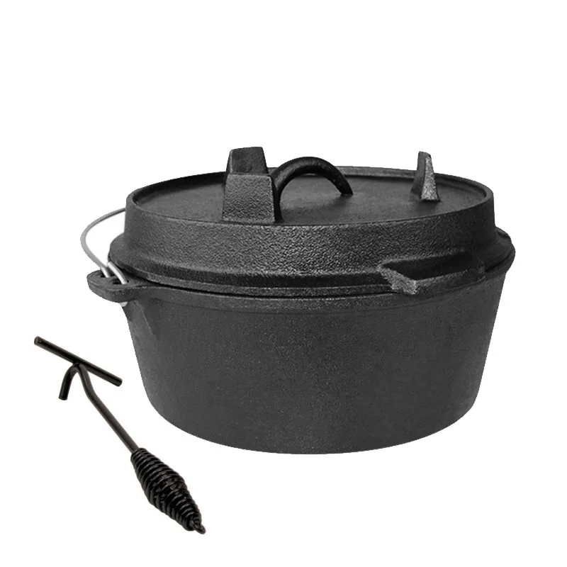 25cm Cast Iron Dutch Oven Camping Pot Set Outdoor Portable Multi