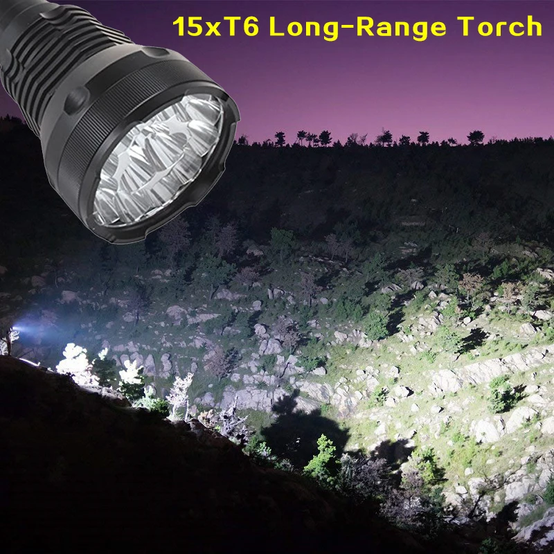 

200000 lumens Wide angle 15*T6 LED long-range flashlight 40cm most powerful torch detachable tube use 18650 or 26650 battery