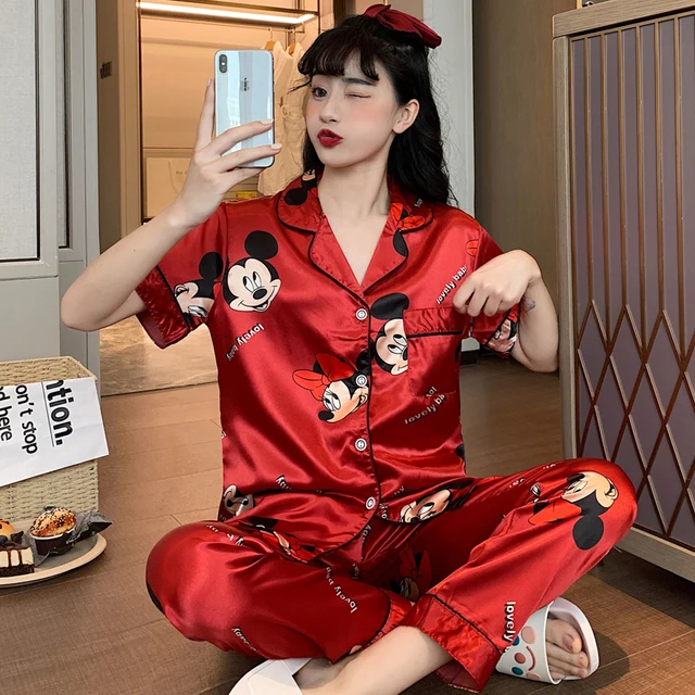 Disney Cute Silk Pajamas for Women Fall Home Suit Mickey Mouse Pyjamas Pj Set Satin Nightwear Sleepwear 2021 Pijama Verano Mujer 5344
