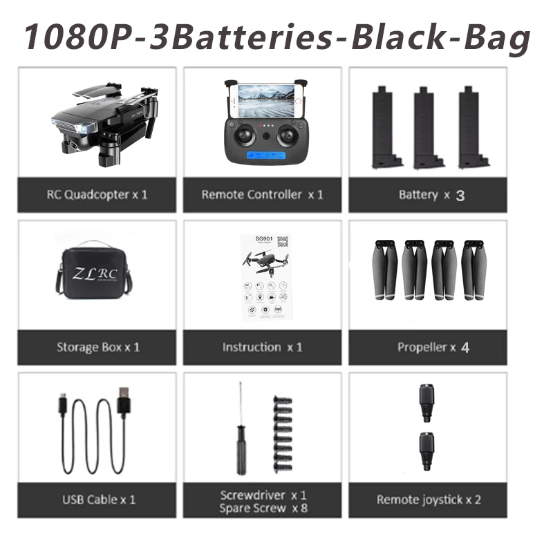 1080P 3B Black Bag ZLL 2019New SG901 камера Дрон 4K HD Двойная камера дроны следящие за мной Квадрокоптер FPV Профессиональный длительный срок службы батареи - Цвет: 1080P 3B Black Bag