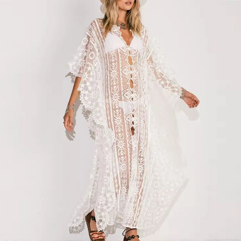 

Mossha 2020 new swimsuit female Lace chiffon kaftan Geometric print beach dress Gossamer cover ups Transaprent kimono beach wear