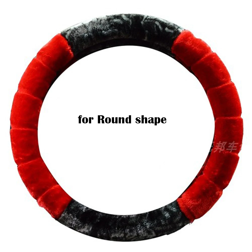 Red-Round Универсальные Плюшевые Чехлы на руль для автомобиля, зимние чехлы на руль из искусственного меха, аксессуары для салона автомобиля - Название цвета: Red-Round