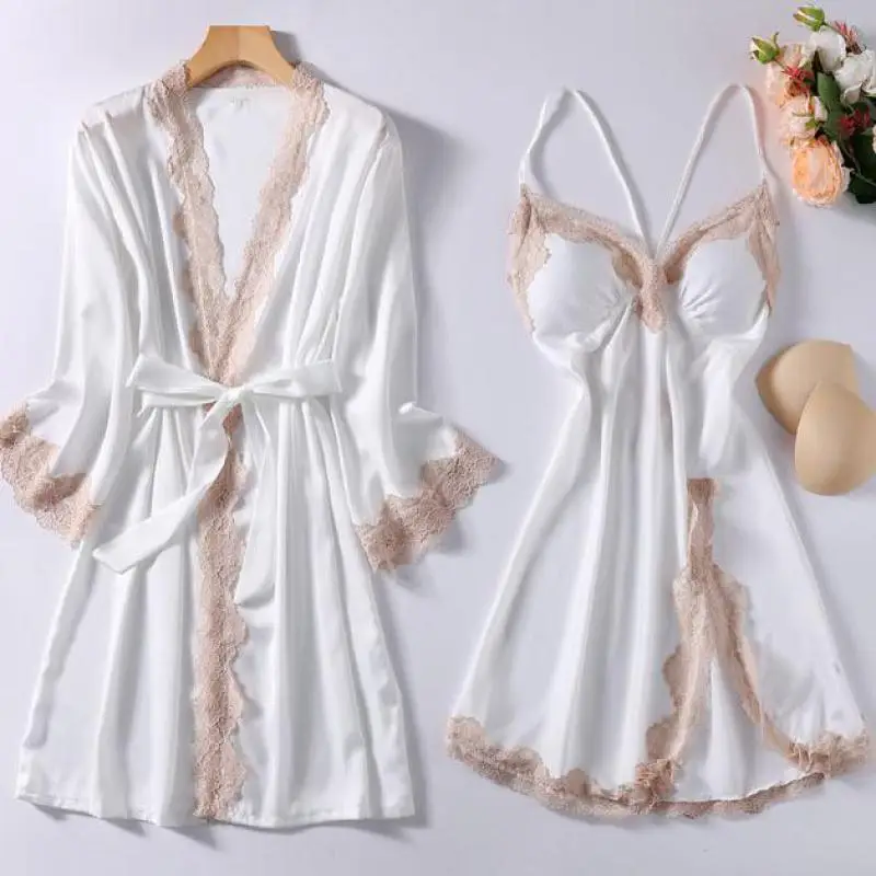 Twinset Robe Set Women Lace Kimono Bath Gown Bride Bridemaid Wedding Bathrobe&Spaghetti Strap Nightgown Sexy V-Neck Sleepwear