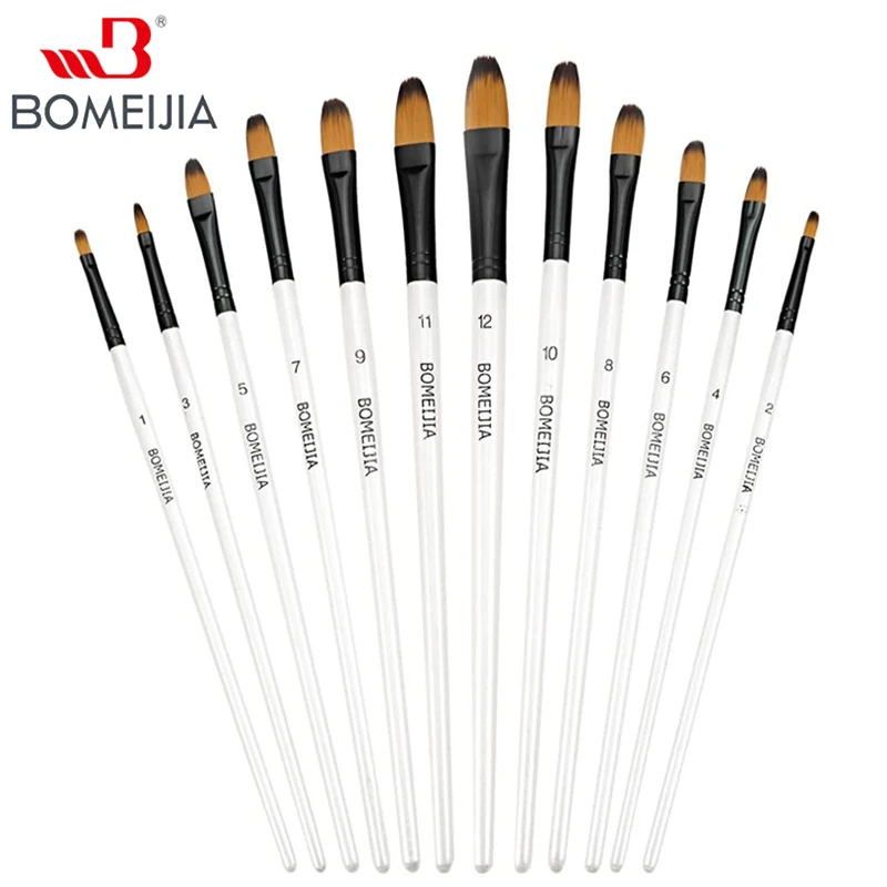 

12Pcs Paint Brush Set Filbert Golden Nylon Bristle Professional Brush for Watercolor Acrylic, Gouache, Oil and Facepaint