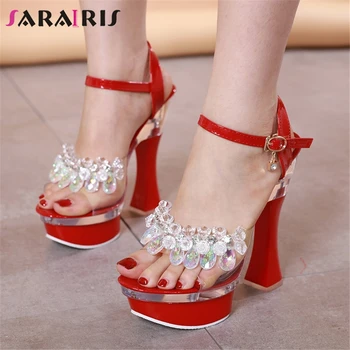 

SARAIRIS Girl Bridal Sandals Sexy Party Sandals Women Platform PVC Transparent Floral Rhinestone High Heels Shoes Woman