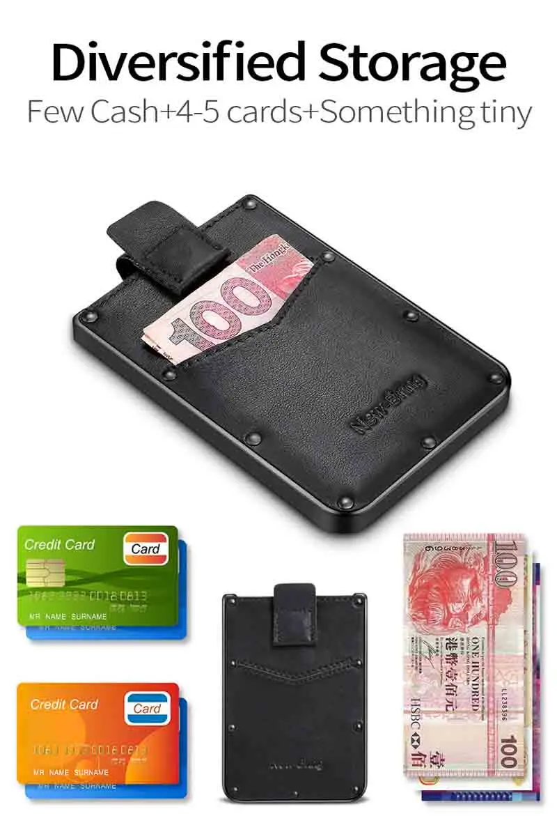 NewBring Genuine Leather Metal Slim Pulled Black Warrior Men Wallets Mini Portable Bank Card Holder Purse