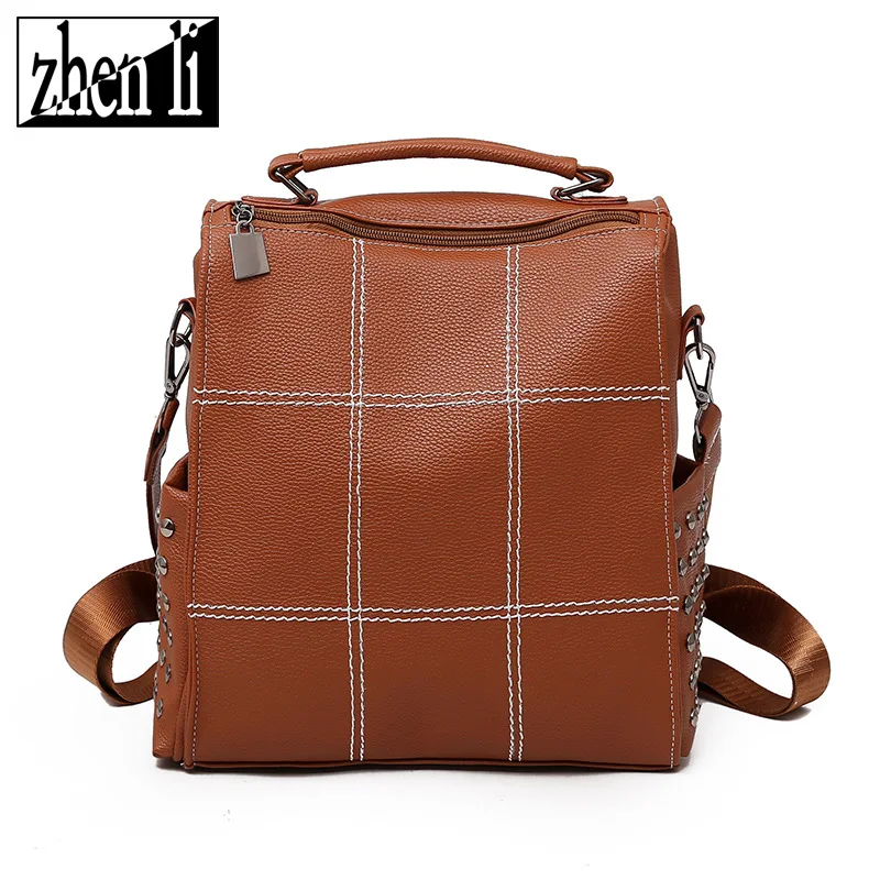 

College Style New Grid Spiraea WOMEN'S Backpack PU Leather Solid Color Trend Girl'S Backpack Cross Border