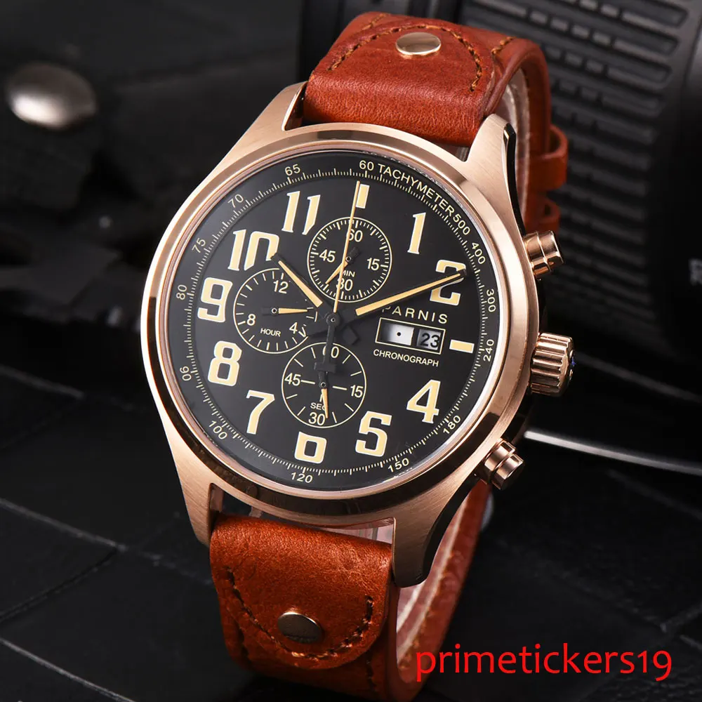 

44mm parnis rose golden case black dial orange marks date week full chronograph quartz mens watch