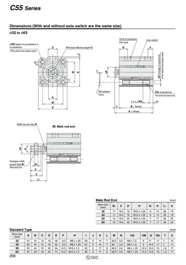 CD55B63-60M CD55B63-80M CD55B63-100M CD55B63-125M CD55B63-150M SMC Компактный цилиндр двойного действия одинарный стержень сквозное отверстие CD55B серии обоих концах нарезной общий пневматические компоненты воздушные инструменты