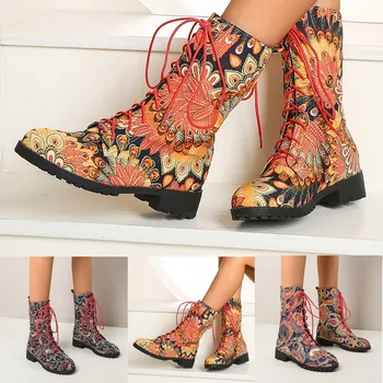 

Women's Ethnic Medium Tube Boots Shoes Woman Feather European And American Boots Winter Mid-Calf Riding Boot Retro Rome Boots