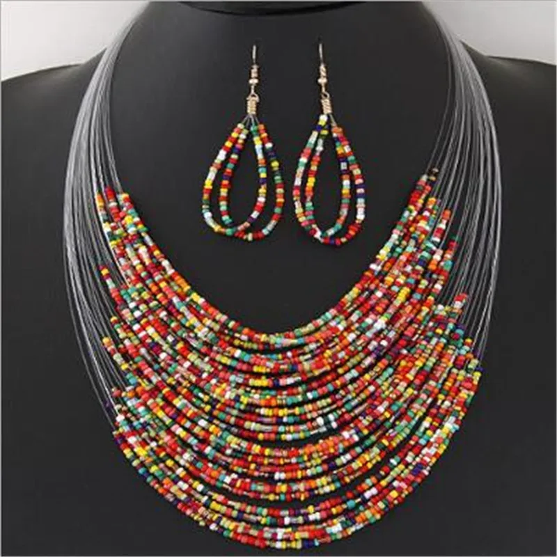 

2019 Fashion Women's Jewelry Set for Party Retro Bohemia Ethiopian Jewelry Sets for Friend Bead Earrings and Necklace Set