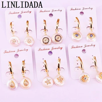 

5Pairs Hot sale! Gold Filled Dangle Jewelry For Women Round Shaped Nature Pearl Micro CZ Paved Fashion Earrings