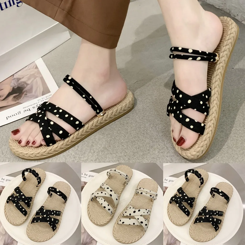 Women Slippers Polka Dot Cross-woven Slides Summer Flat Sandals Slippers Non-slip Beach Shoes Women Slip On Open Toe Shoes
