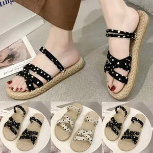 Women Slippers Polka Dot Cross-woven Slides Summer Flat Sandals Slippers Non-slip Beach Shoes Women Slip On Open Toe Shoes