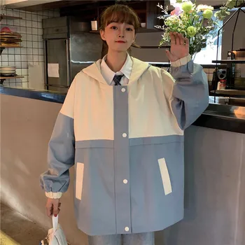 

Korean Blue Splice White Hooded Tooling Trench coat Women 2020 Spring New Long sleeve Casual Windbreaker Student Basic Outerwear