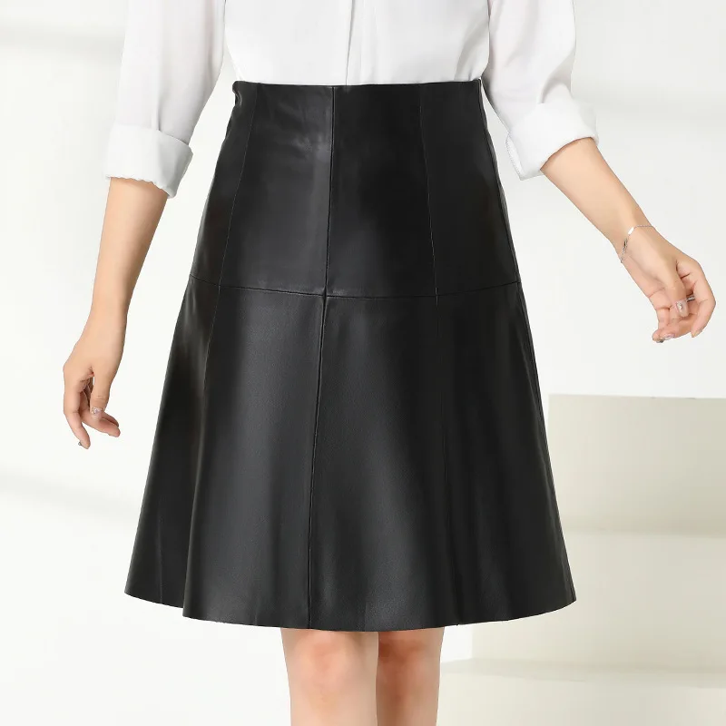 

Chic women's high quality genuine leather A-line Skirts 2019 autumn women elegant leather skirt B132