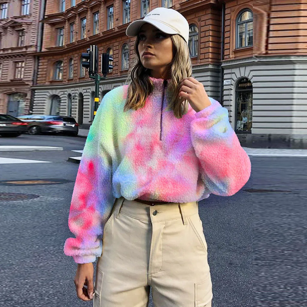 Женская Радужная Толстовка Tie Dye Teddy уличная одежда с длинным рукавом из искусственного меха флисовые Топы плюшевый пуловер больших размеров Sudadera Mujer