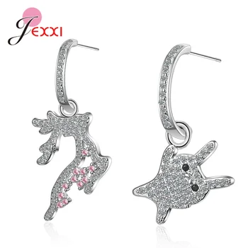 

Korean Style Sweet Cute Deer Rabbit Asymmetric Drop Earrings Zircon Rhineston 925 Sterling Silver Little Earrings Jewelry