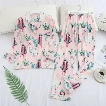 

2019 Autumn Women's Pajamas Sets Turn-Down Collar Flower Print Luxury Female Faux Silk Two Pieces Nighties Sleepwear