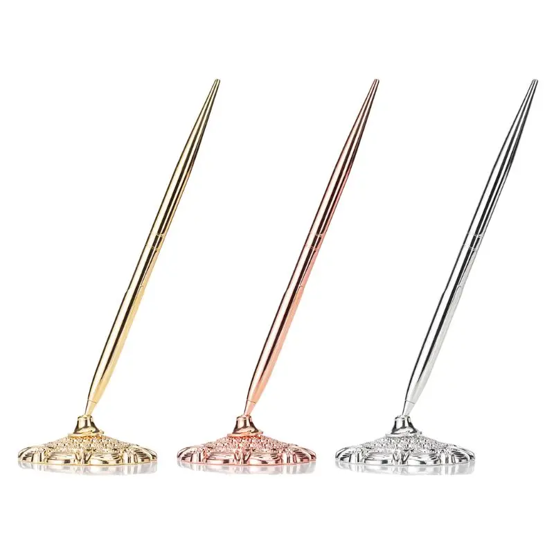 

Retro Metal Ballpoint Pen Attached Base Stand Desk Office Counter Wedding Guest Sign Signature Pens