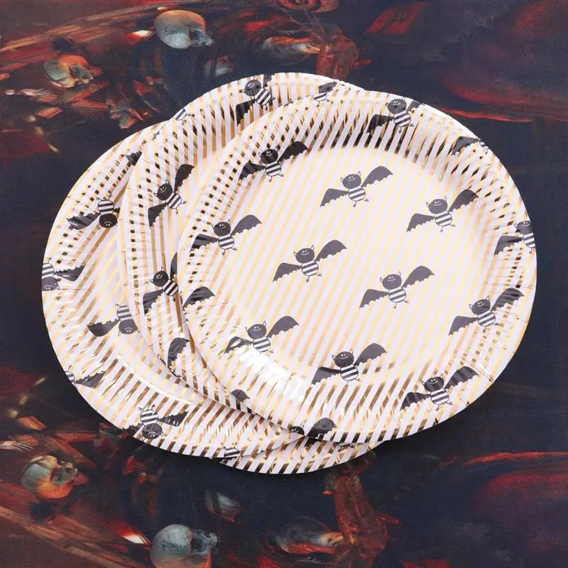 10 шт Хэллоуин золотые полосы круглые бумажные тарелки Симпатичные летучая мышь шаблон одноразовая посуда ОБЕДЕННЫЕ принадлежности для вечерние карнавал