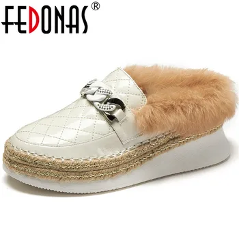

FEDONAS Shallow Warm Women Mules 2020 Autumn Winter Wedged Chunky Heels Shoes Woman Heels Genuine Leather Fashion Winter Shoes