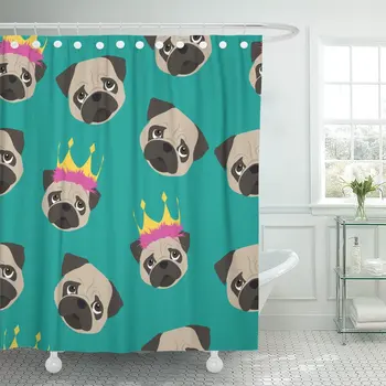

Pug Head of Cartoon for Girls and Boys Crocheting Shower Curtain Waterproof Polyester Fabric 72 x 78 Inches Set with Hooks