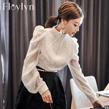 

Elegant Stand Collar Blouse Shirts Pleated Lantern Tiered Sleeve Blouses Office Ladies Transparent blusa tops femininas 2020