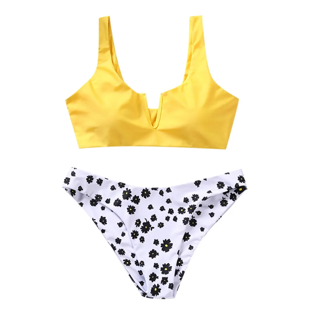 2020 Women Bandage Push-up Triangle Swimwear Bathing Suits Small daisies Print Padded Bra Bikini Set Swimsuit купальники Mujer |