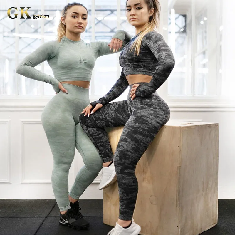 

Gymkm Women Seamless Camouflage Sport Running Suits High Resilience Waist Breathable Quick-Dry Mention Hip Workout Yoga Sets