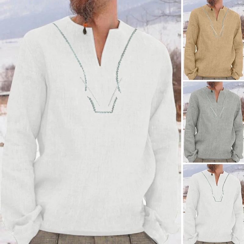 Мужские топы, рубашки, пляжные, Осенние, с длинными рукавами, Boho, модные, вечерние, v-образный вырез, ретро, однотонные, Metropolis