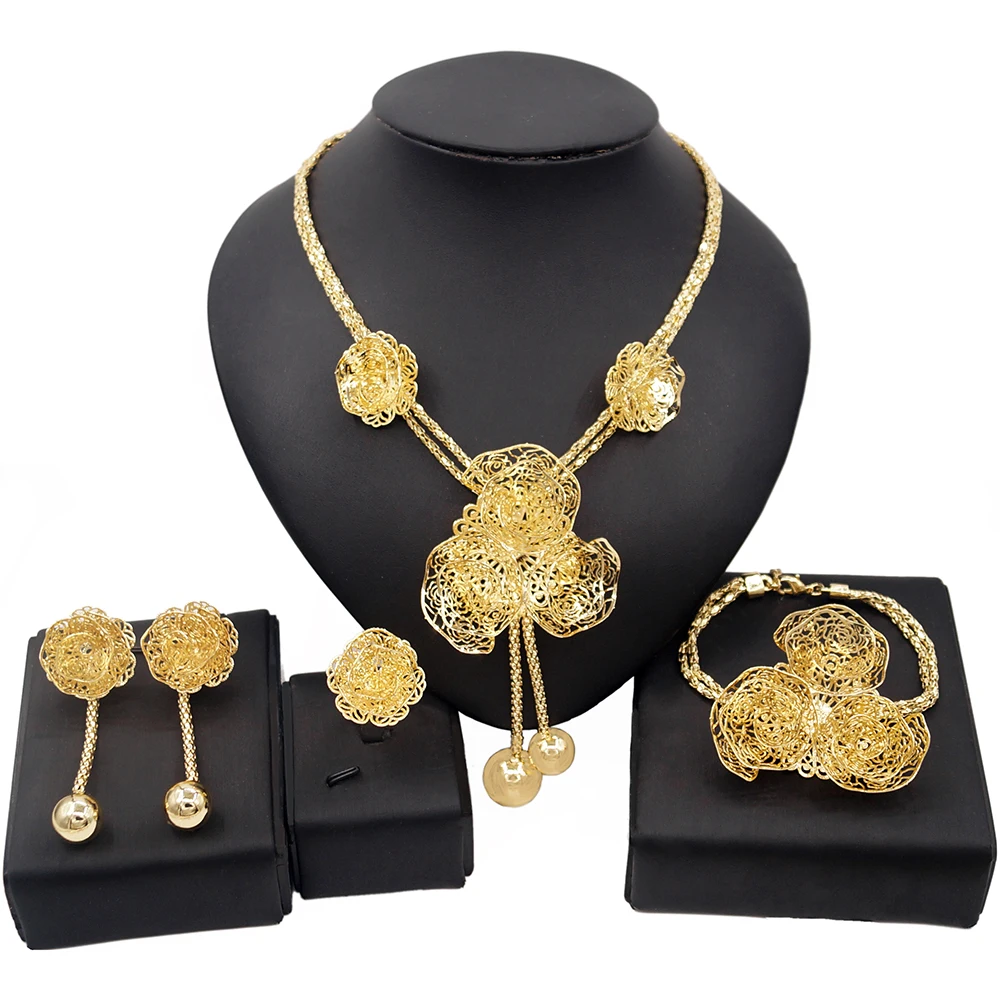 4pcs/set Stainless Steel & 18k Gold Plated Hollow Out Necklace, Earrings &  Ring Fashion Jewelry Set For Women