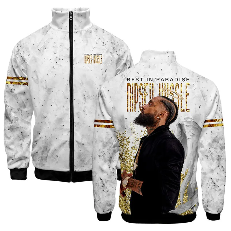 

NIPSEY HUSSLE Men Spring Baseball Jackets Cardigan Crew Neck Long Sleeved Zipper Up Sports 3D Jacket