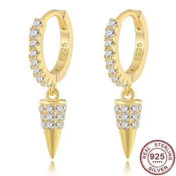 

Genuine 925 Sterling Silver Hanging Rivet Cone Drop Earrings Rock Hip Hop Fashion Punk Jewelry Women Geometric Pendant CZ Stones