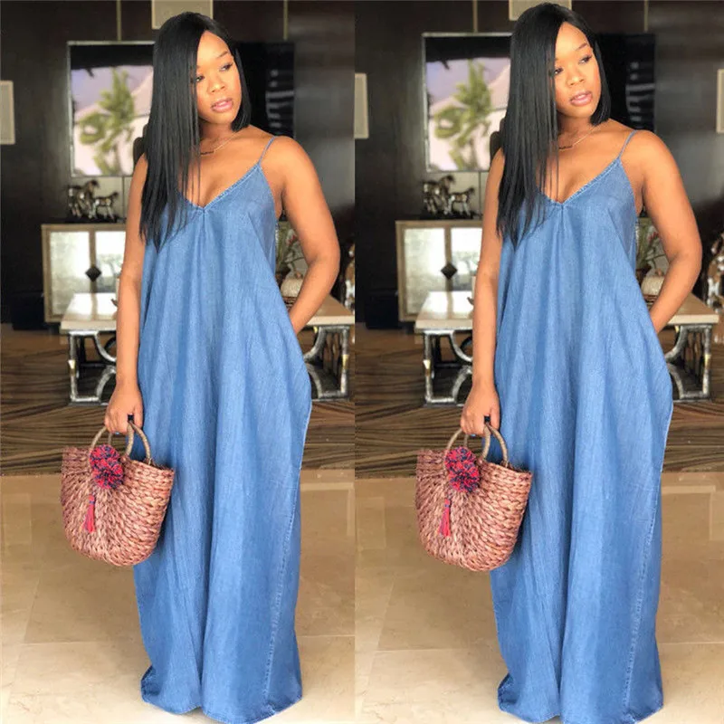 2019 Boho Autumn Women Modis Denim Maxi Dress Backelss Long Ladies Loose Casual Solid Jean Vestido Plus Size | Женская одежда