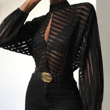 Women Mesh Lace Blouse Pull Long Sleeve Striped Mock Neck Back Button Sheer Shirt Loose Mesh See Through Wild Tops Clothes 1
