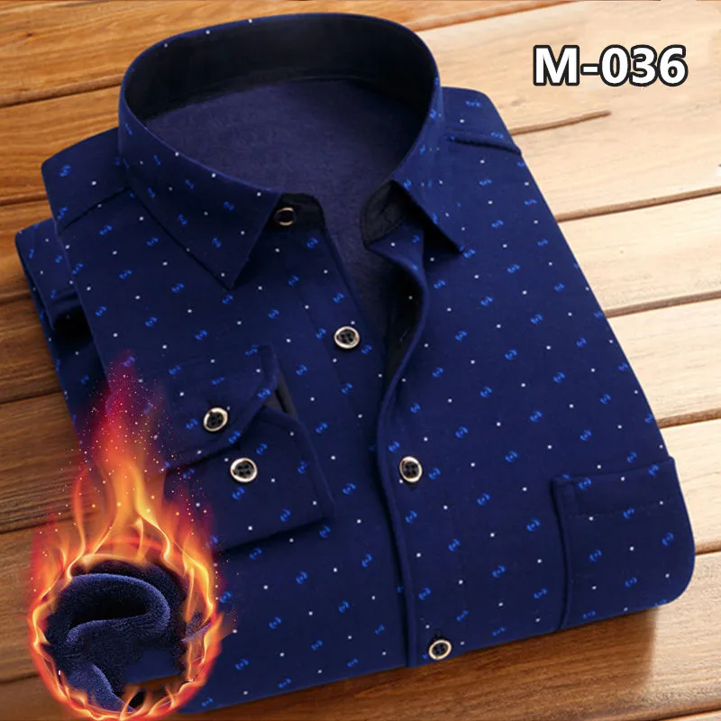 Fashion Men's Print Plaid Warm Thick Velvet Fleece Shirts Winter Long Sleeve Dress Shirt for Men Soft Flannel Camisa Masculina - Цвет: M-036