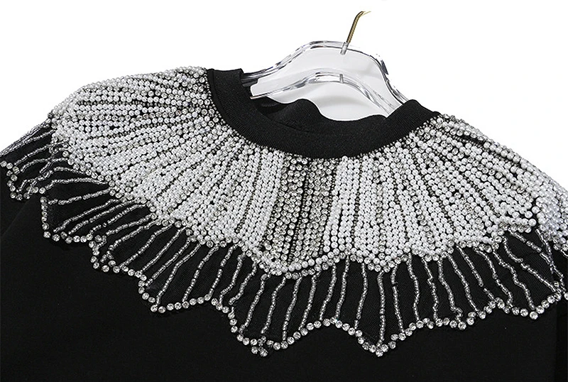 Black Patchwork Beading Women's Sweatshirts O Neck Long Sleeve Oversized Pullovers Female Autumn Fashion New