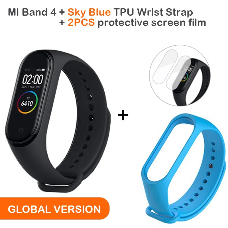 Add Sky Blue Strap Глобальная версия, Xiaomi Mi, 4 смарт-браслет, AMOLED экран, Smartband, фитнес-браслет, Bluetooth, спортивный, водонепроницаемый - Цвет: Add Sky Blue Strap