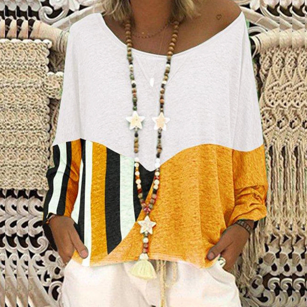 JAYCOSIN Fashion Blouse Casual Loose Round Neck Long Sleeve Color Matching Shirts Blouses Embroidery Casual Women Full Shirt 722