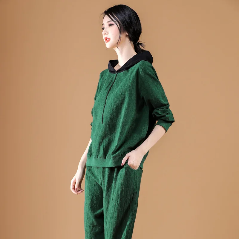 

2020 Spring New Style Retro Loose Cotton Linen Jacquard Long Sleeve Hooded T-shirt + Pants Fashion Casual WOMEN'S Suit