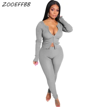 

ZKYZWX Knitted Two Piece Set Women 2020 Spring Rave Clothes Zip Crop Top and Pants Sweatsuit Matching Sets Sexy Club Outfits
