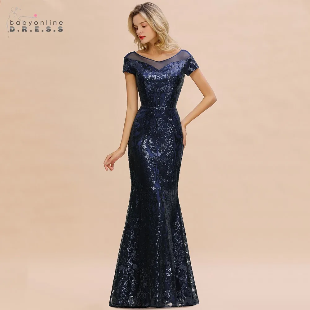 Robe de Soiree элегантное темно-синее с блестками длинное вечернее платье русалки Шикарные Вечерние Платья с коротким рукавом Vestido de Festa Longo
