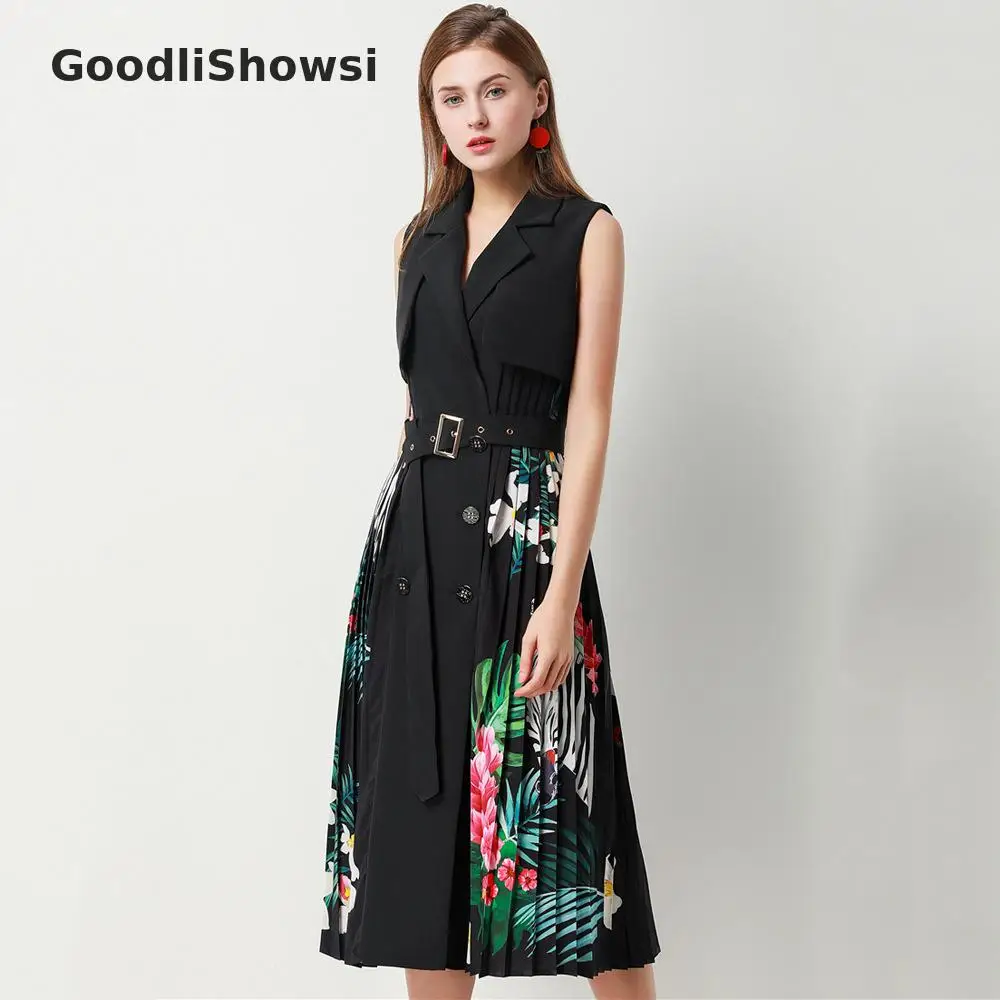 GoodliShowsi, модное, шикарное женское платье-Блейзер, с принтом, пэчворк, с отворотом, без рукавов, с поясом, плиссе в гармошку, платье