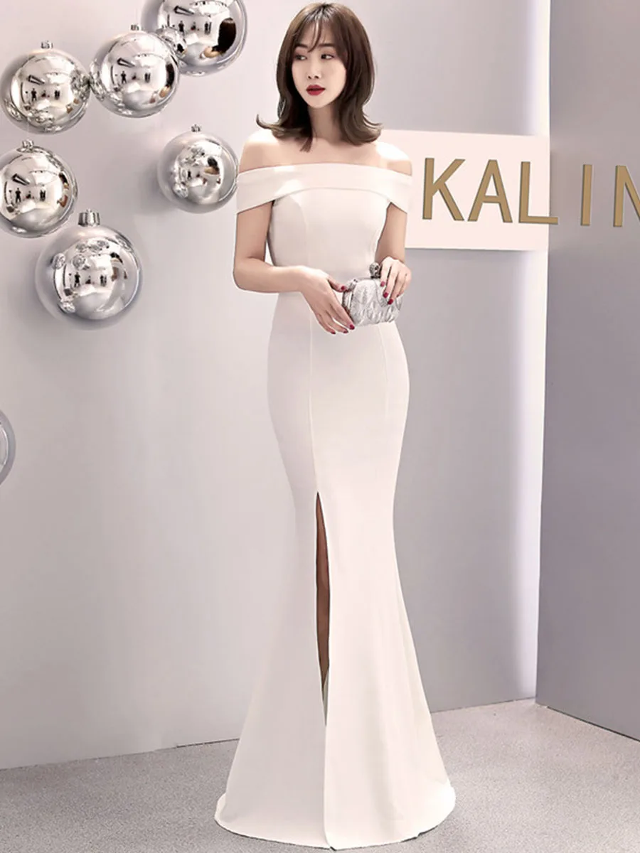 Long Evening Dresses Split Boat Neck Evening Gowns for Women Off The Shoulder Robe De Soiree Short Sleeve Fromal Dress C081